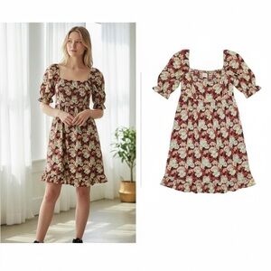 Wilfred Moorland Floral Puff-Sleeve Dress XS Red Floral Square Neck Aritzia